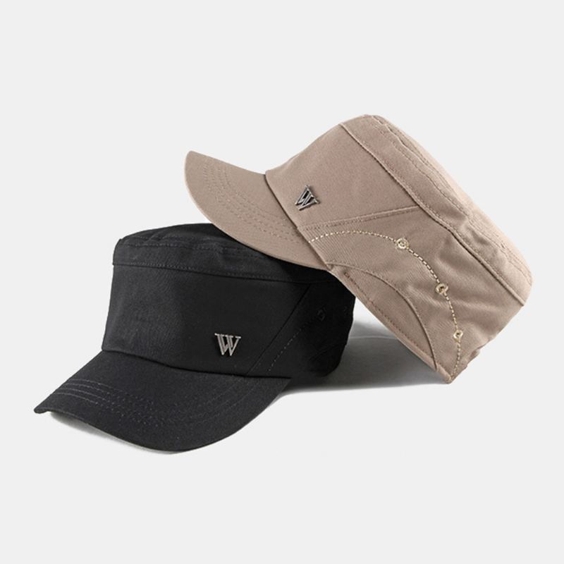 Mænd Bomuld Metal Brev Patch Flad Top Hat Casual Justerbar Cadet Army Caps Militære Caps