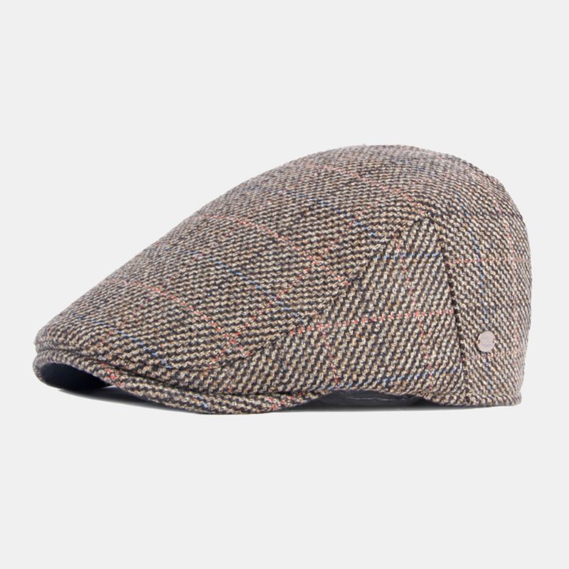 Mænd Bomuldsfarvet Gittermønster Plus Fløjl Varme Baretter Britisk Retro Afslappet Solsejl Fremad Hat Newsboy Hat