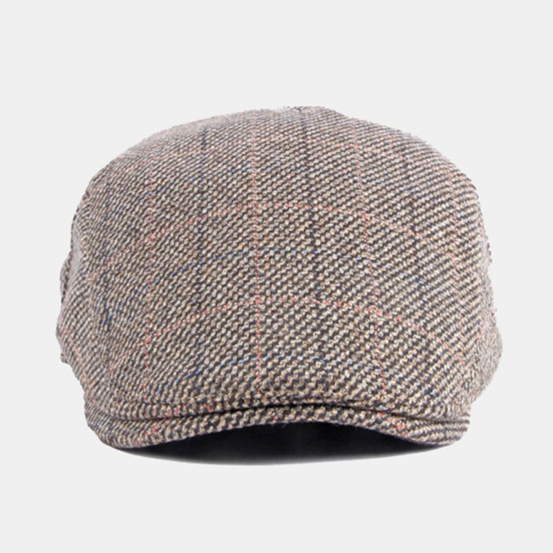 Mænd Bomuldsfarvet Gittermønster Plus Fløjl Varme Baretter Britisk Retro Afslappet Solsejl Fremad Hat Newsboy Hat
