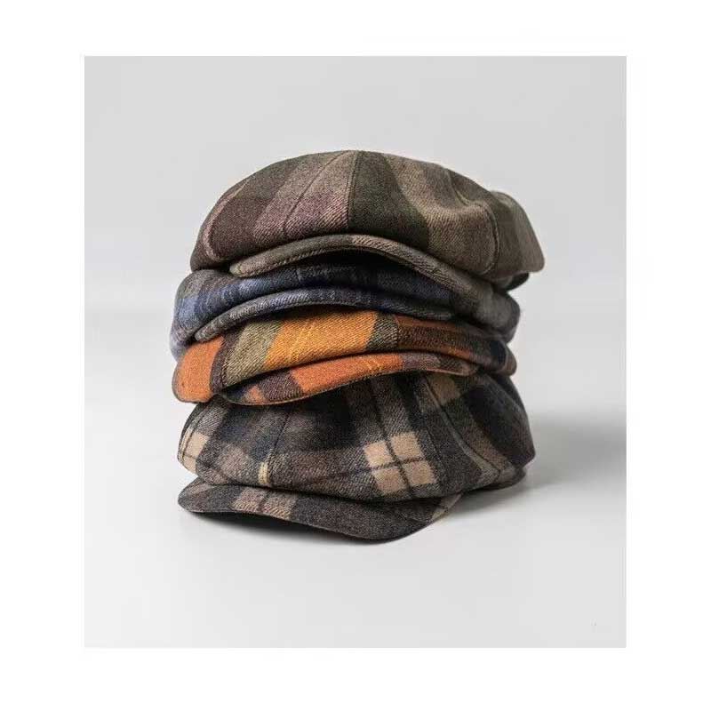 Mænd Casual Personlighed Plaid Mønster Newsboy Hat Octagonal Cap Baret Hat