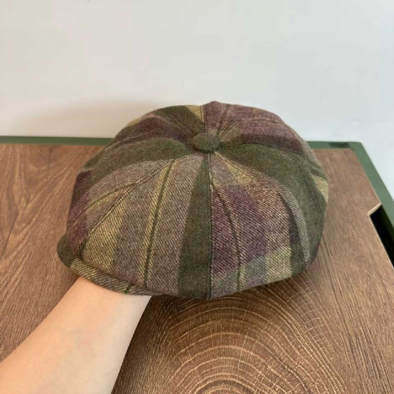 Mænd Casual Personlighed Plaid Mønster Newsboy Hat Octagonal Cap Baret Hat