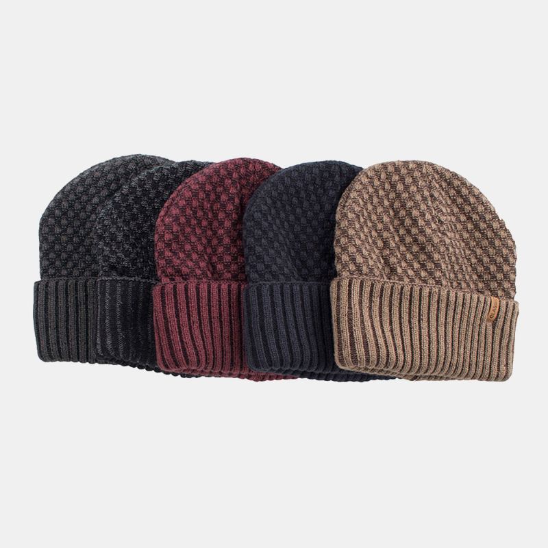Mænd Ensfarvede Geometrisk Strikket Jacquardhue Casual Akryl Plus Fløjl Varm Beaniehue Uden Skygge