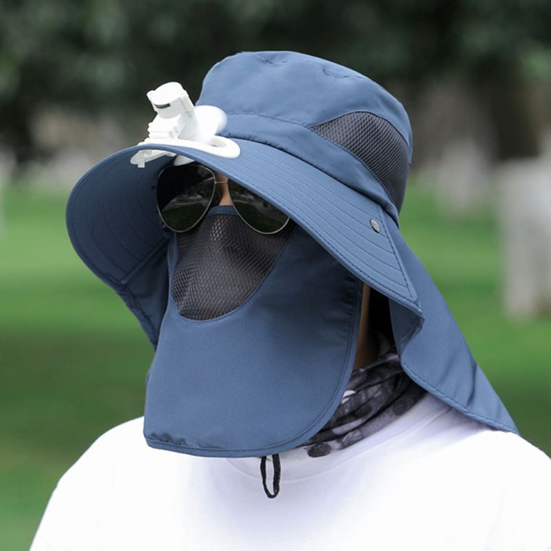 Mænd Mesh Åndbar Maske Gardin Lang Kappe 360 Graders Solbeskyttelseshat Med Ventilator Udendørs Casual Bucket Hat