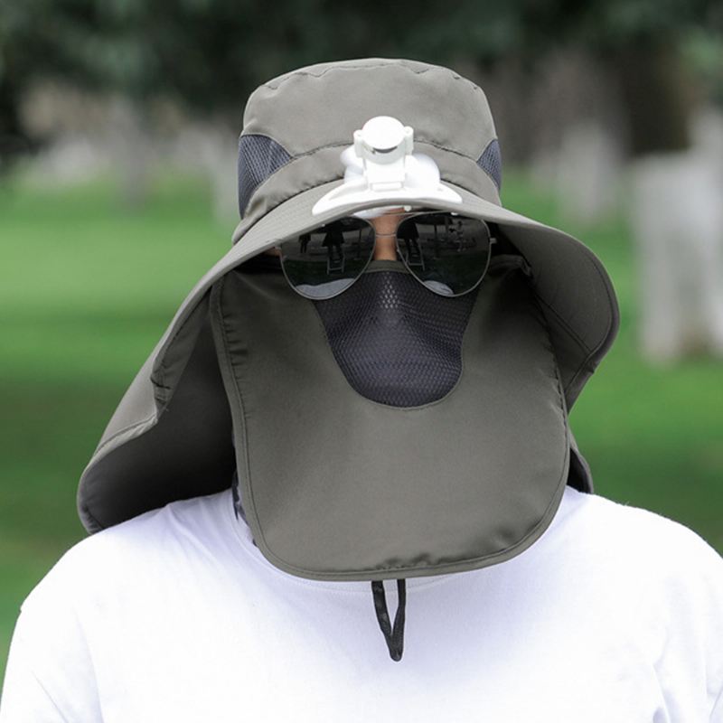 Mænd Mesh Åndbar Maske Gardin Lang Kappe 360 Graders Solbeskyttelseshat Med Ventilator Udendørs Casual Bucket Hat