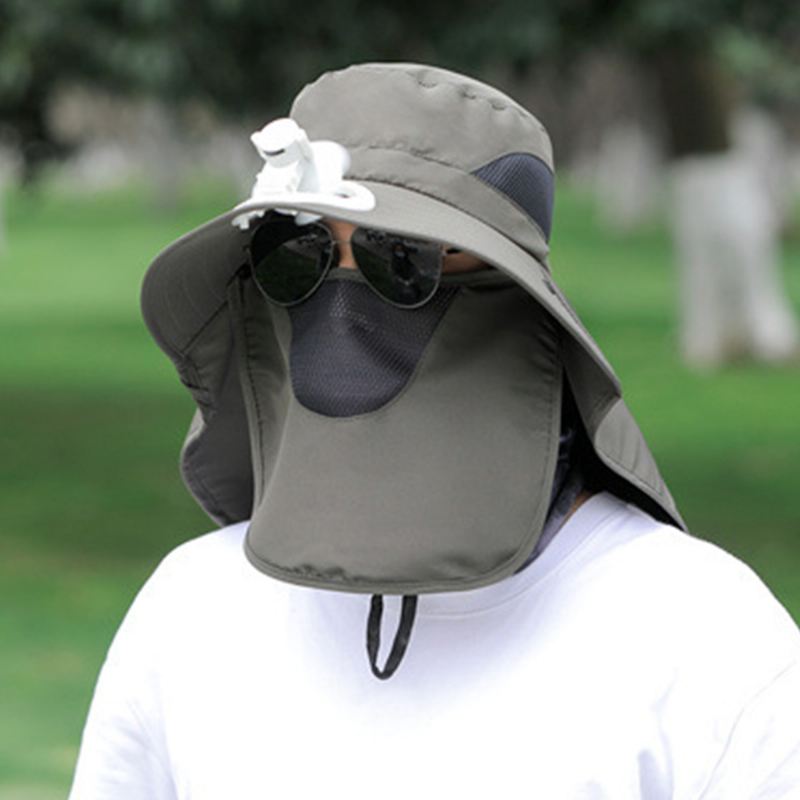 Mænd Mesh Åndbar Maske Gardin Lang Kappe 360 Graders Solbeskyttelseshat Med Ventilator Udendørs Casual Bucket Hat