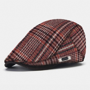 Mænd Plaid Strikket Baret Flad Cap Side Metal Label Justerbar Newsboy Hat
