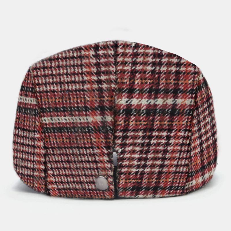 Mænd Plaid Strikket Baret Flad Cap Side Metal Label Justerbar Newsboy Hat