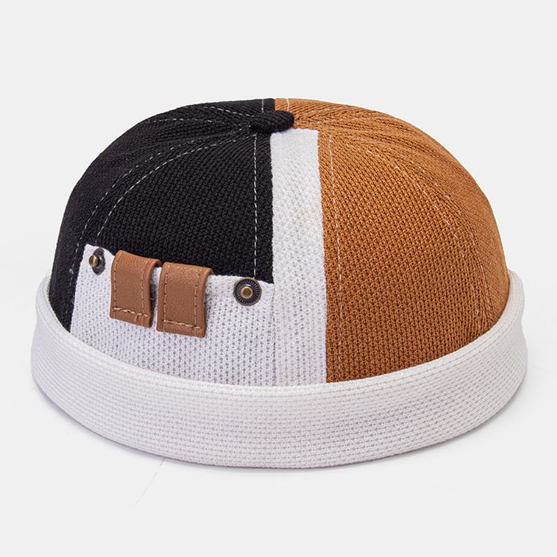 Mænd Polar Fleece Farveblok Syning Dome Beanie Skull Cap Efterår Vinter Varm Justerbar Læder Spænde Udlejer Cap