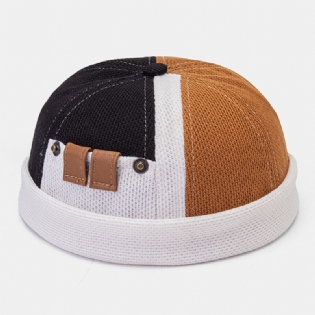 Mænd Polar Fleece Farveblok Syning Dome Beanie Skull Cap Efterår Vinter Varm Justerbar Læder Spænde Udlejer Cap