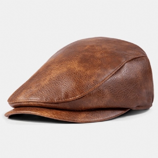 Mænd Pu-læder Ensfarvet Absorber Sved Åndbar Baret Flad Kasket Casual Warmth Newsboy Hat Forward Hat