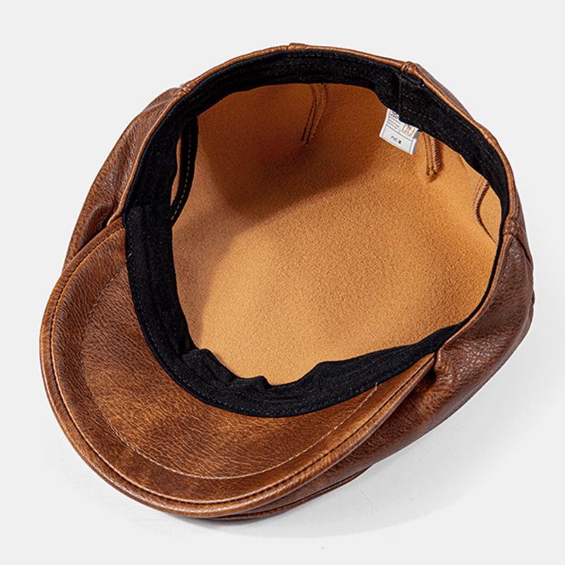 Mænd Pu-læder Ensfarvet Absorber Sved Åndbar Baret Flad Kasket Casual Warmth Newsboy Hat Forward Hat
