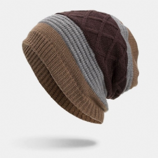Mænd Vinter Plus Fløjl Stribet Og Diamanter Mønster Udendørs Strikket Varm Beanie Hat