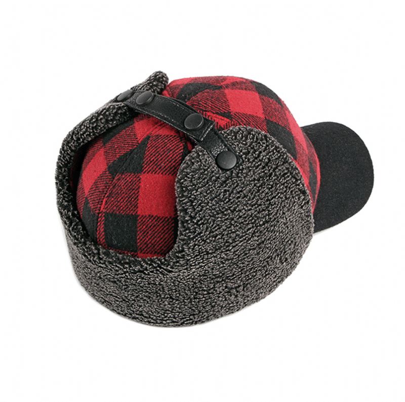 Trendy Plus Velvet Thick Plaid Ørebeskyttelse Bomuld Cap Mænd