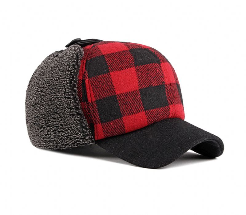 Trendy Plus Velvet Thick Plaid Ørebeskyttelse Bomuld Cap Mænd
