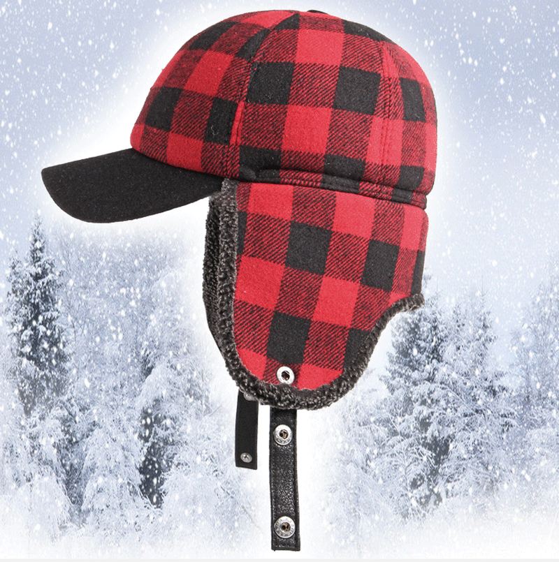 Trendy Plus Velvet Thick Plaid Ørebeskyttelse Bomuld Cap Mænd