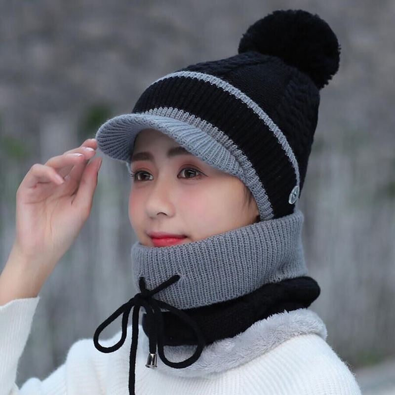 Uld Kasket Og Tørklæde Sæt Beanie Warm Winter Pom Ulden Kasket