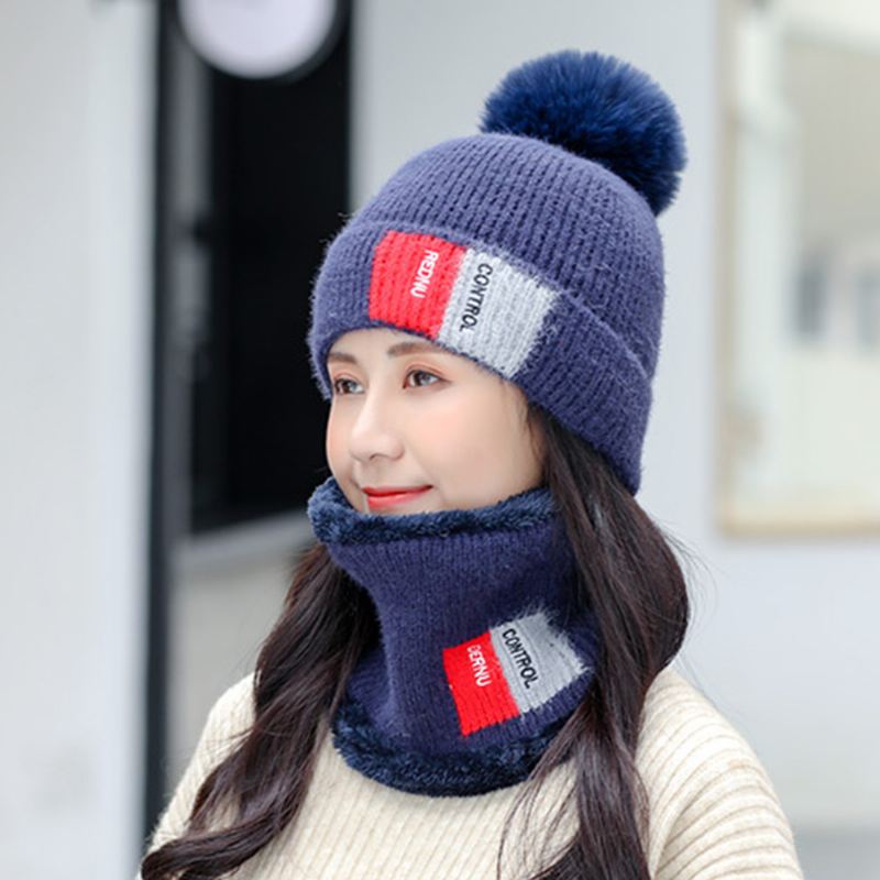 Unisex 2 Stk Plus Velvet Thicken Varm Vindtæt Nakke Ansigtsbeskyttelse Ridning Strikket Hat Tørklæde