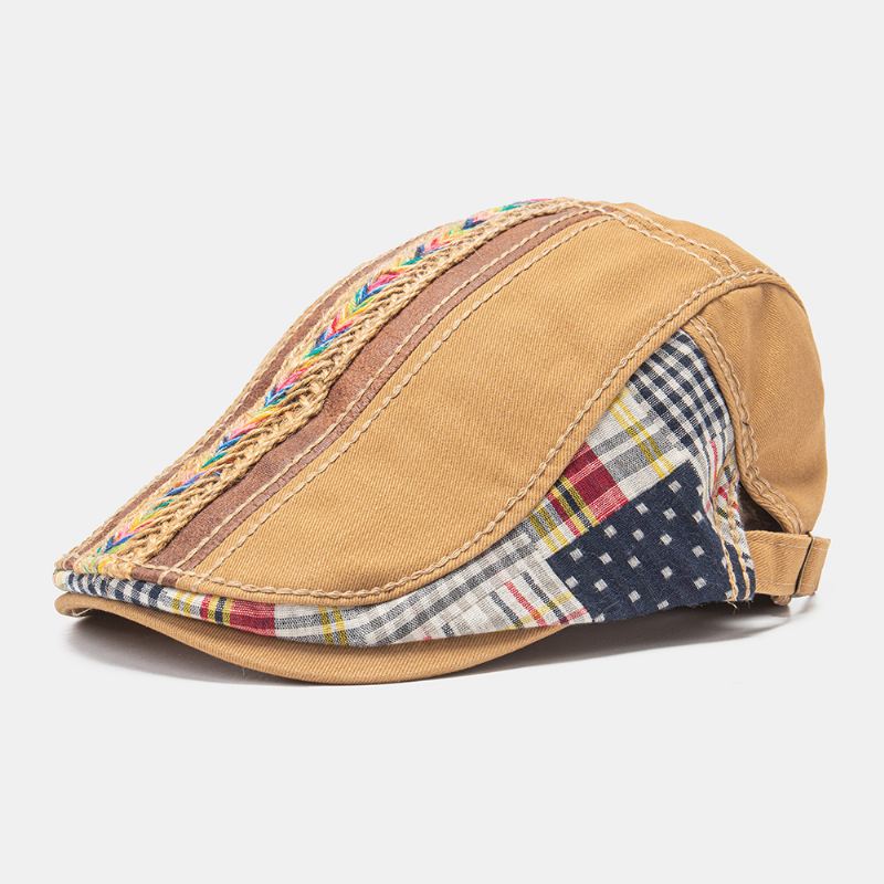 Unisex Bomuldspatchwork Regnbuefarvet Vævet Stråreb Dekoration Afslappet All-match Baret Flad Cap Ivy Cap