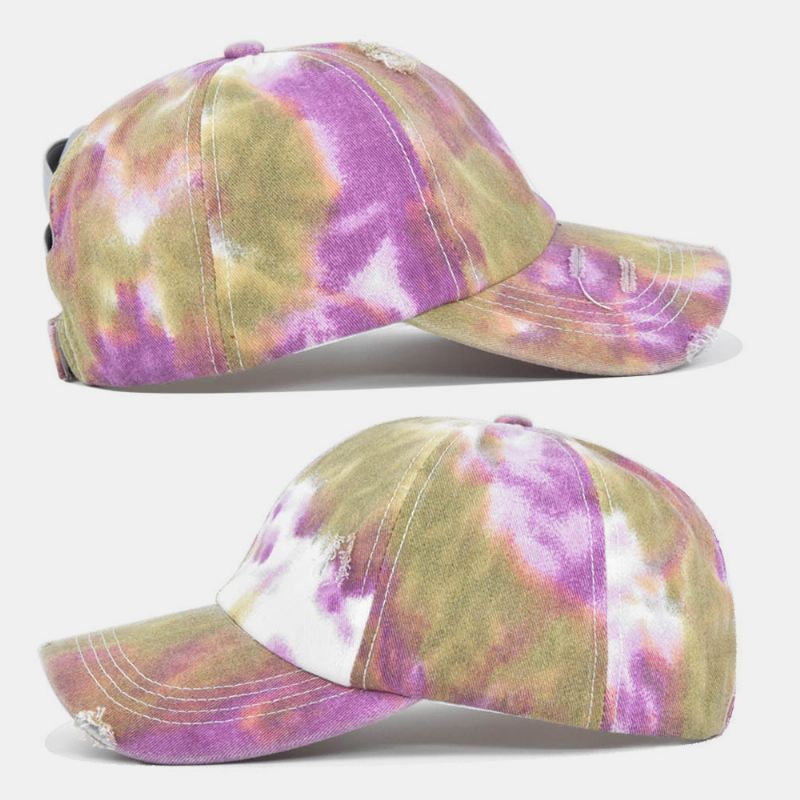 Unisex Farvet Tie-dye Hestehale Baseballkasket Med Brudt Hul Stor Skygge Åndbar Strækbar Kasket