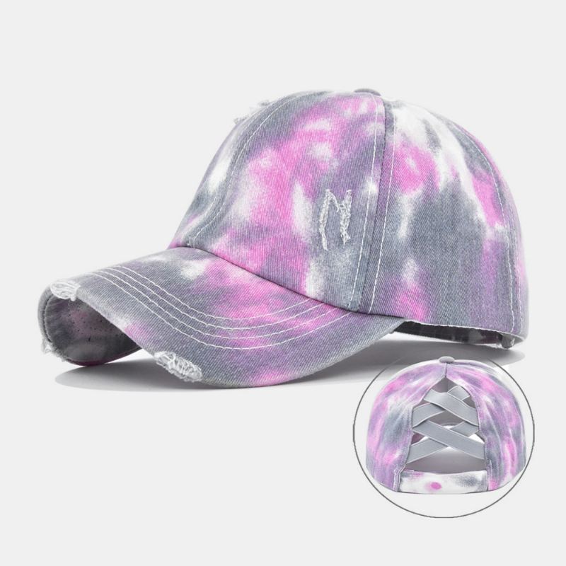 Unisex Farvet Tie-dye Hestehale Baseballkasket Med Brudt Hul Stor Skygge Åndbar Strækbar Kasket