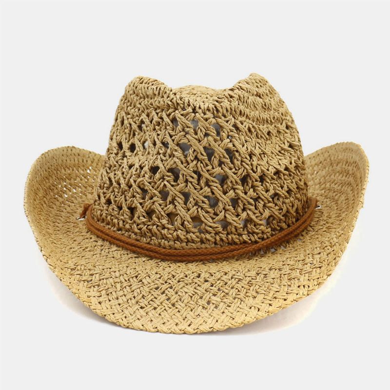 Unisex Håndlavet Solcreme Rejse Strandsolhat Cowboy Stil Panamahat Stråhat Med Justerbar Snor