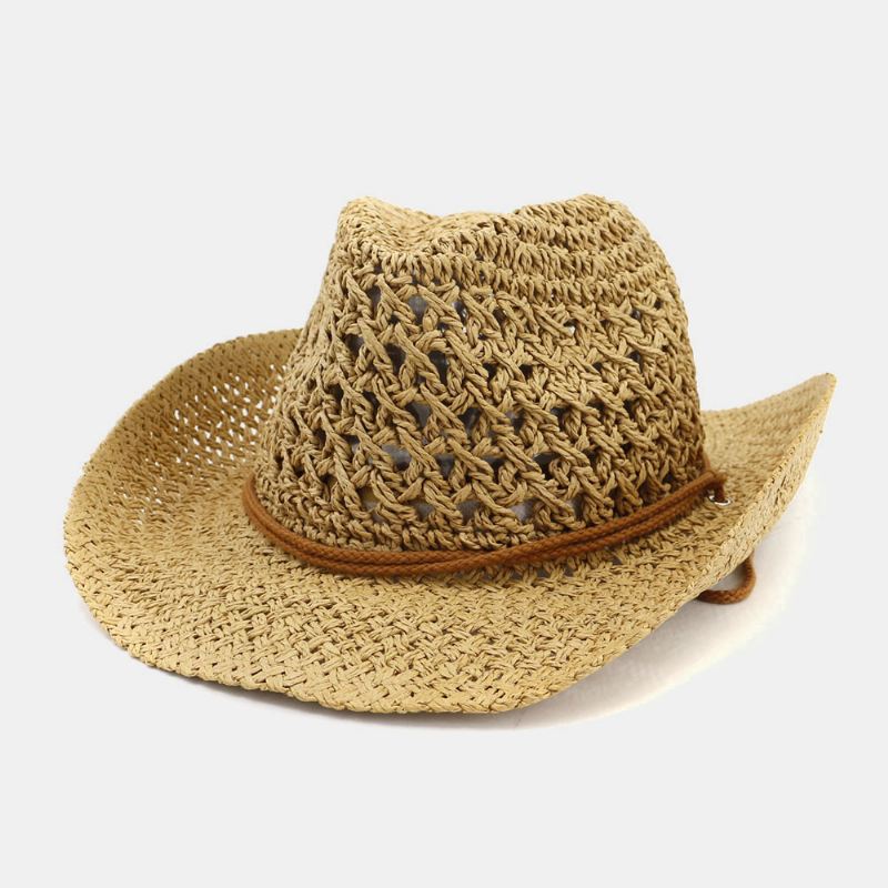 Unisex Håndlavet Solcreme Rejse Strandsolhat Cowboy Stil Panamahat Stråhat Med Justerbar Snor