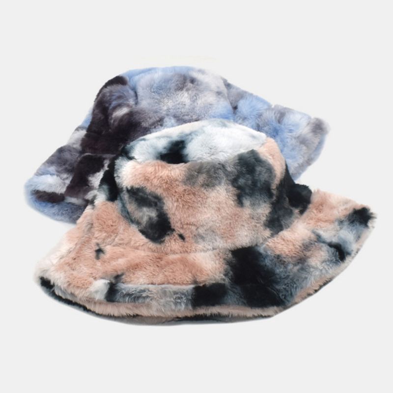 Unisex Imiteret Kaninpels Farverig Gradient Tie-de Bucket Hat Vinter Tykke Varme Vindtæt Mode Solskærmshat