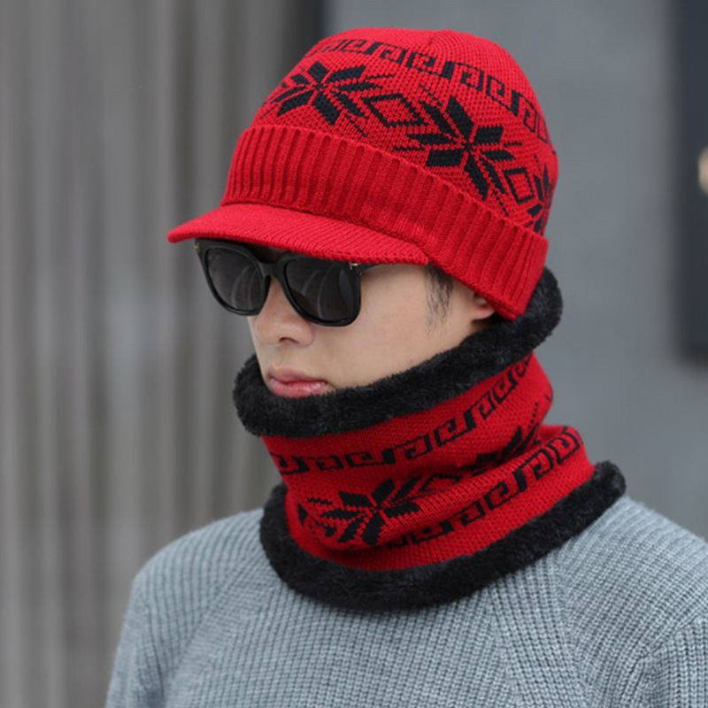 Unisex Mænd Vinter Vindtæt Strik Plus Velvet Hat Tørklæde Sæt