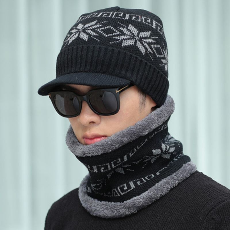Unisex Mænd Vinter Vindtæt Strik Plus Velvet Hat Tørklæde Sæt