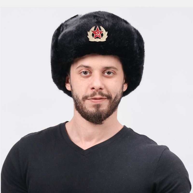 Unisex Plus Fløjl Sovjetisk Badge Varm Vindtæt Øreklapper Beskyttelse Udendørs Trapper Hat Ushanka Hat