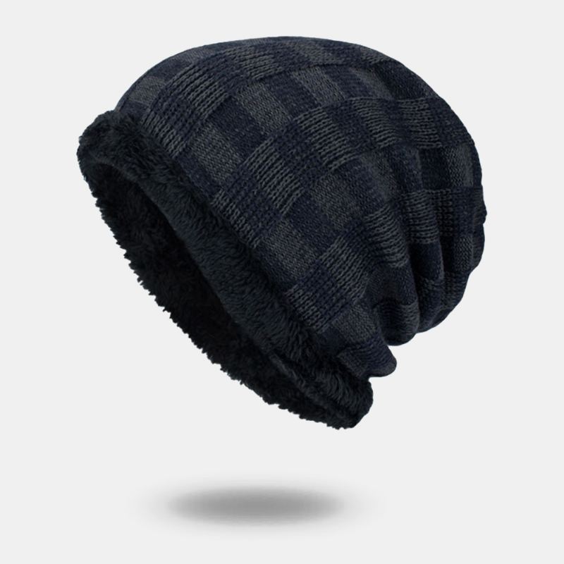Unisex Plys Udendørs Vinter Plus Fløjl Tykkere Varm Kontrastfarve Lille Firkantet Strik Hue Beanie Hat