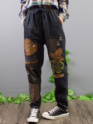 Broderi Patchwork Jeans Med Elastisk Talje