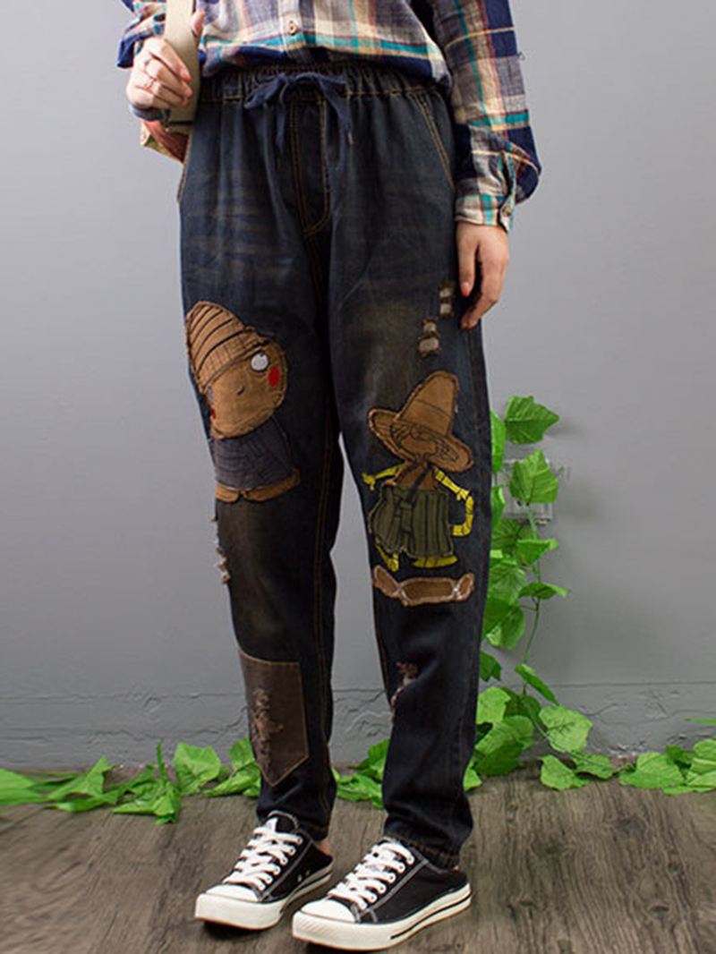 Broderi Patchwork Jeans Med Elastisk Talje