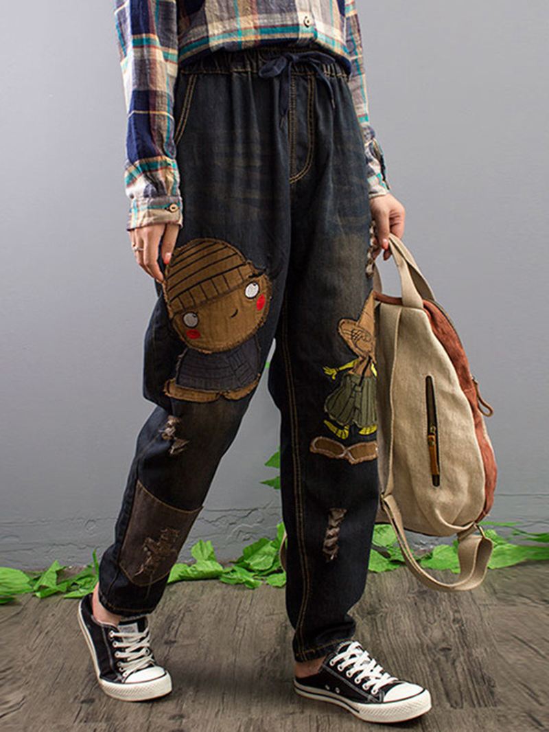 Broderi Patchwork Jeans Med Elastisk Talje