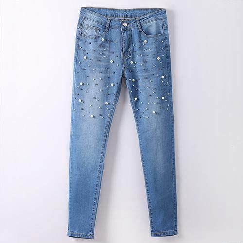 Denim Kvinder Skinny Jeans Med Perler Bukser Slim Pearl Jeans Kvinde 2018 Mid Waist Blyant Jean Til Damer