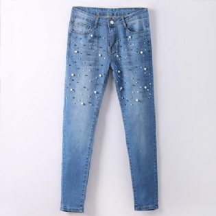 Denim Kvinder Skinny Jeans Med Perler Bukser Slim Pearl Jeans Kvinde 2018 Mid Waist Blyant Jean Til Damer