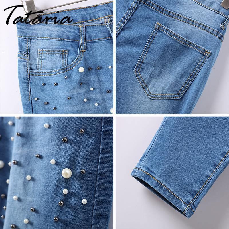 Denim Kvinder Skinny Jeans Med Perler Bukser Slim Pearl Jeans Kvinde 2018 Mid Waist Blyant Jean Til Damer