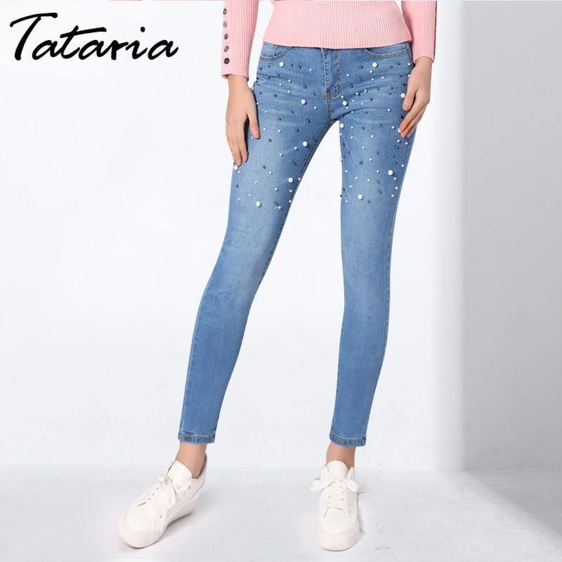 Denim Kvinder Skinny Jeans Med Perler Bukser Slim Pearl Jeans Kvinde 2018 Mid Waist Blyant Jean Til Damer