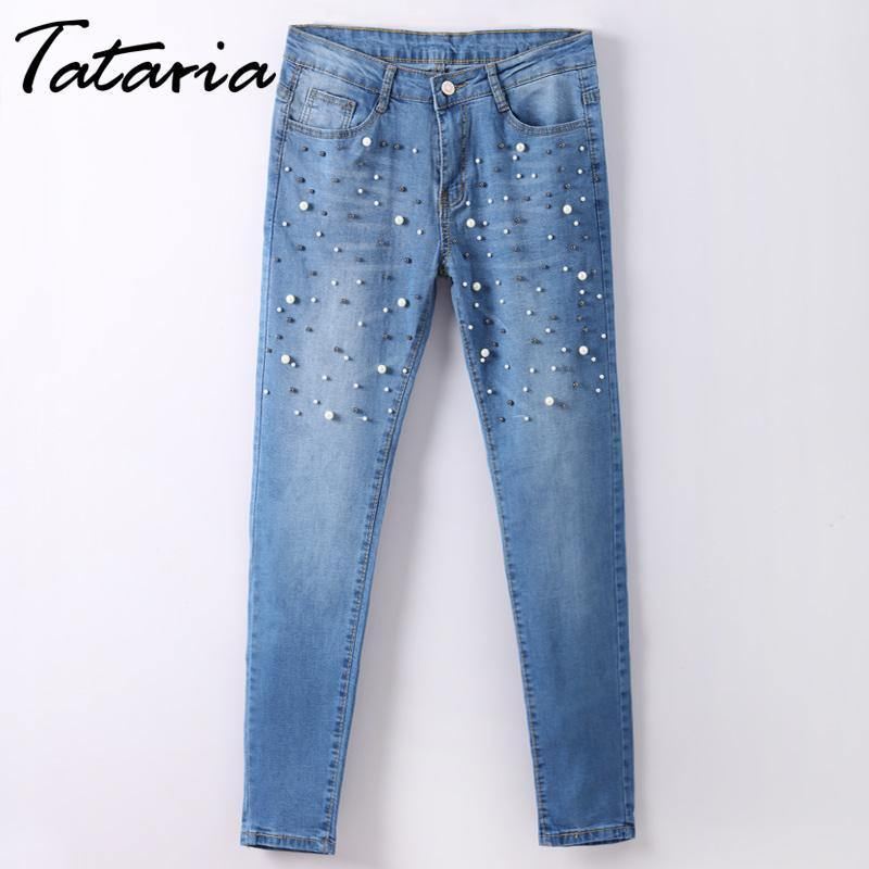 Denim Kvinder Skinny Jeans Med Perler Bukser Slim Pearl Jeans Kvinde 2018 Mid Waist Blyant Jean Til Damer