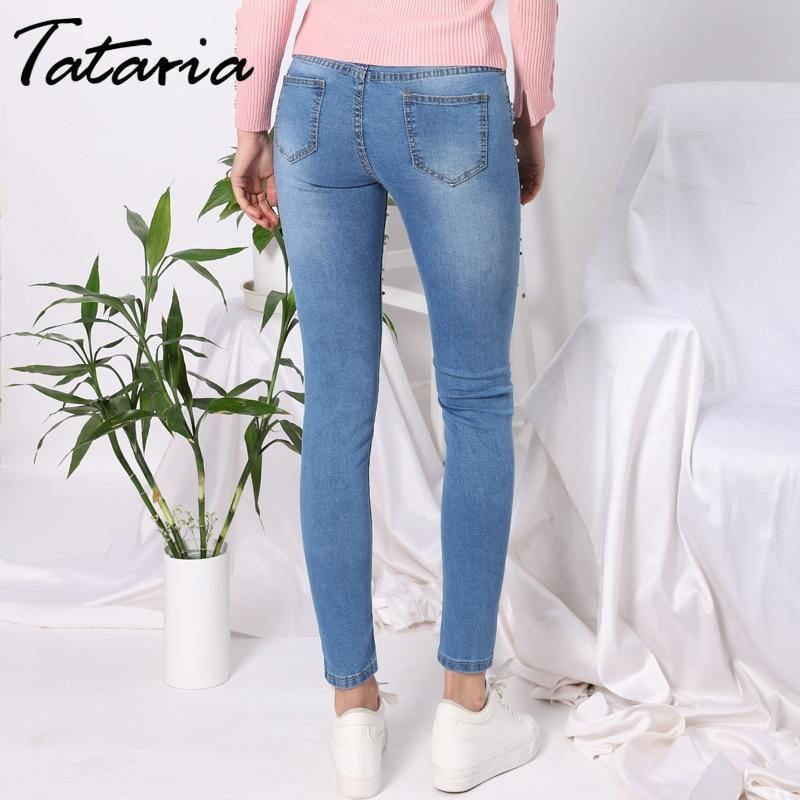 Denim Kvinder Skinny Jeans Med Perler Bukser Slim Pearl Jeans Kvinde 2018 Mid Waist Blyant Jean Til Damer