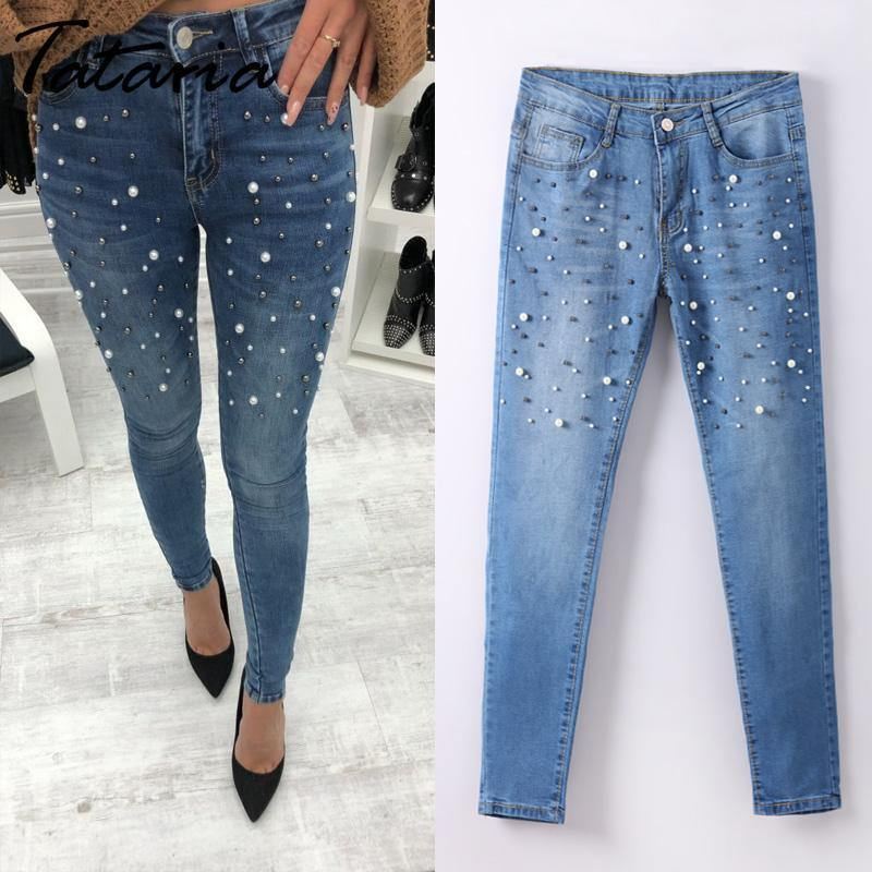 Denim Kvinder Skinny Jeans Med Perler Bukser Slim Pearl Jeans Kvinde 2018 Mid Waist Blyant Jean Til Damer