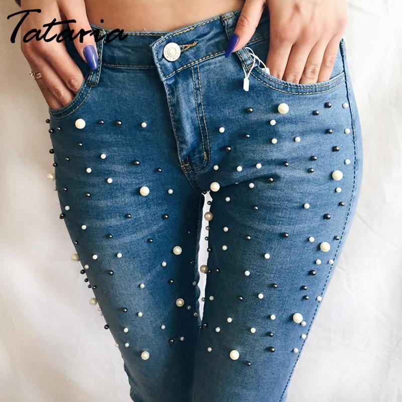 Denim Kvinder Skinny Jeans Med Perler Bukser Slim Pearl Jeans Kvinde 2018 Mid Waist Blyant Jean Til Damer