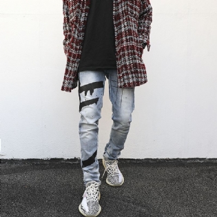 Graffitiprintede Vaskede Og Distressed Slim-fit Jeans Med Små Fødder
