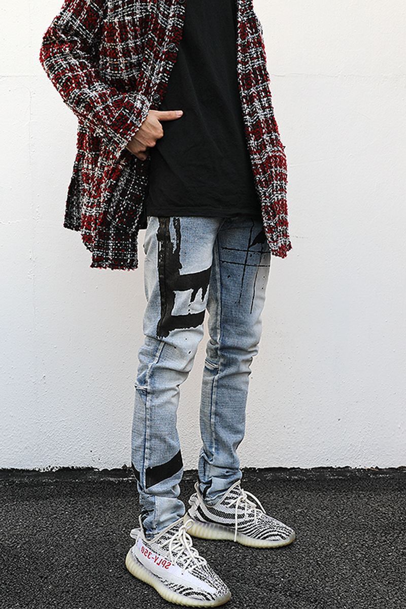 Graffitiprintede Vaskede Og Distressed Slim-fit Jeans Med Små Fødder