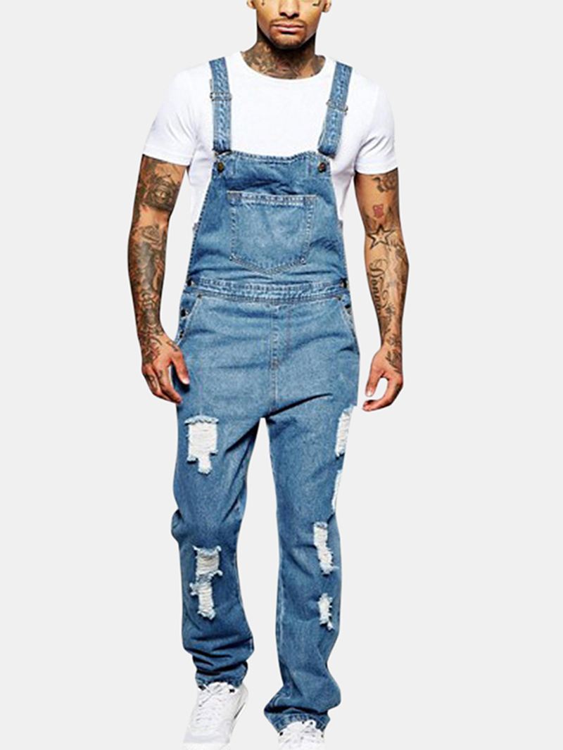 Herre Mode Sling Romper Torn Denim Ensfarvet Casual Suspender Bukser