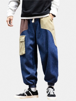 Herre Patchwork Multi Pocket Snøre Elastisk Talje Løs Jogger Jeans