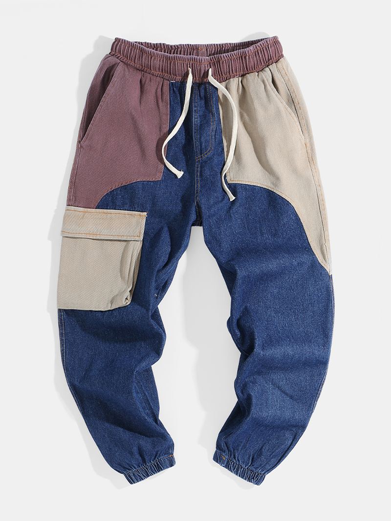 Herre Patchwork Multi Pocket Snøre Elastisk Talje Løs Jogger Jeans