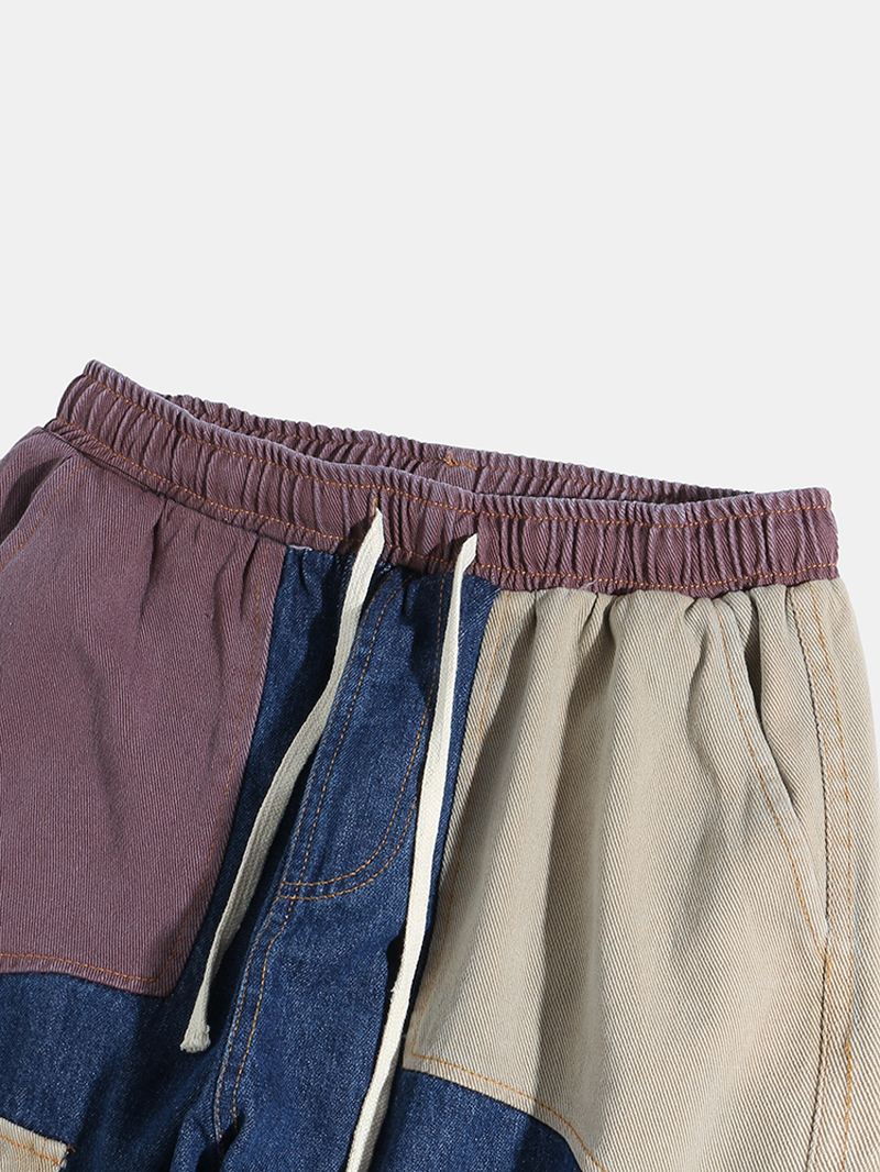 Herre Patchwork Multi Pocket Snøre Elastisk Talje Løs Jogger Jeans