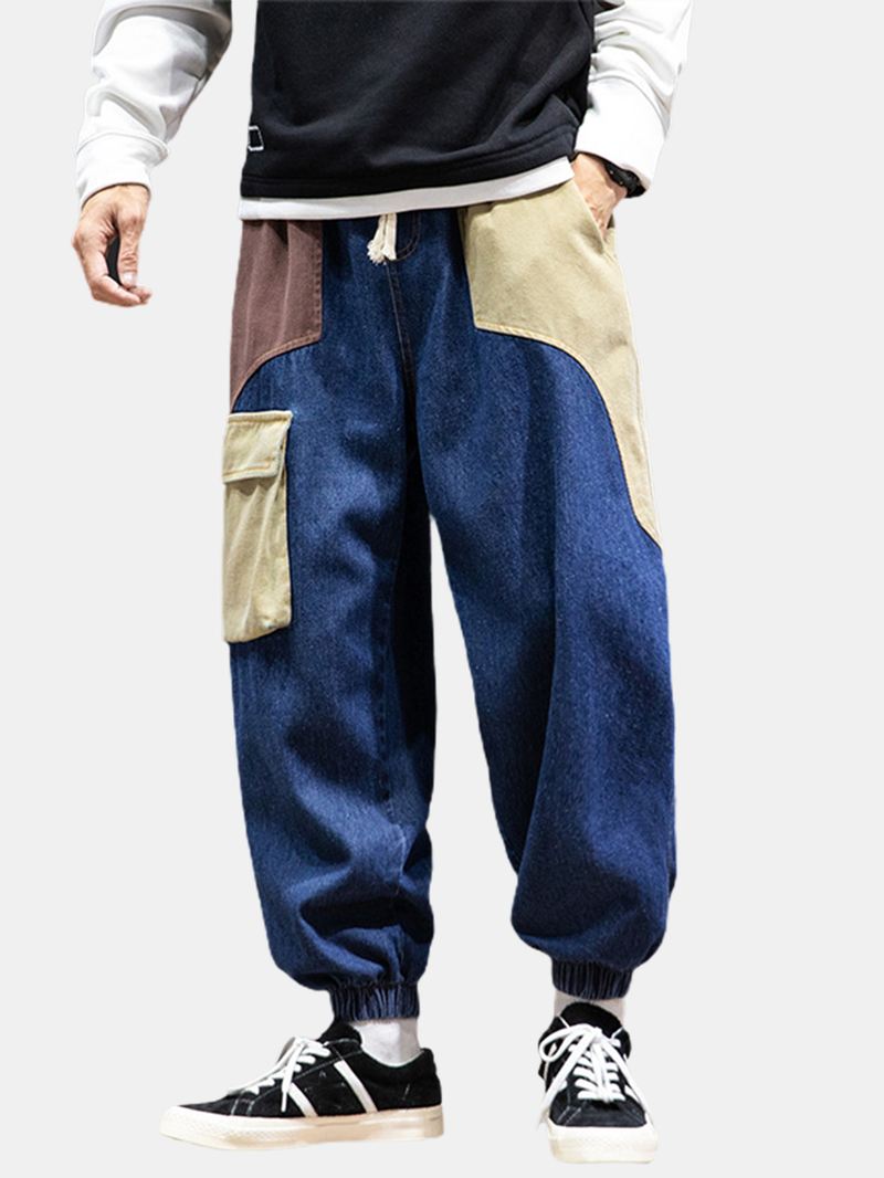 Herre Patchwork Multi Pocket Snøre Elastisk Talje Løs Jogger Jeans