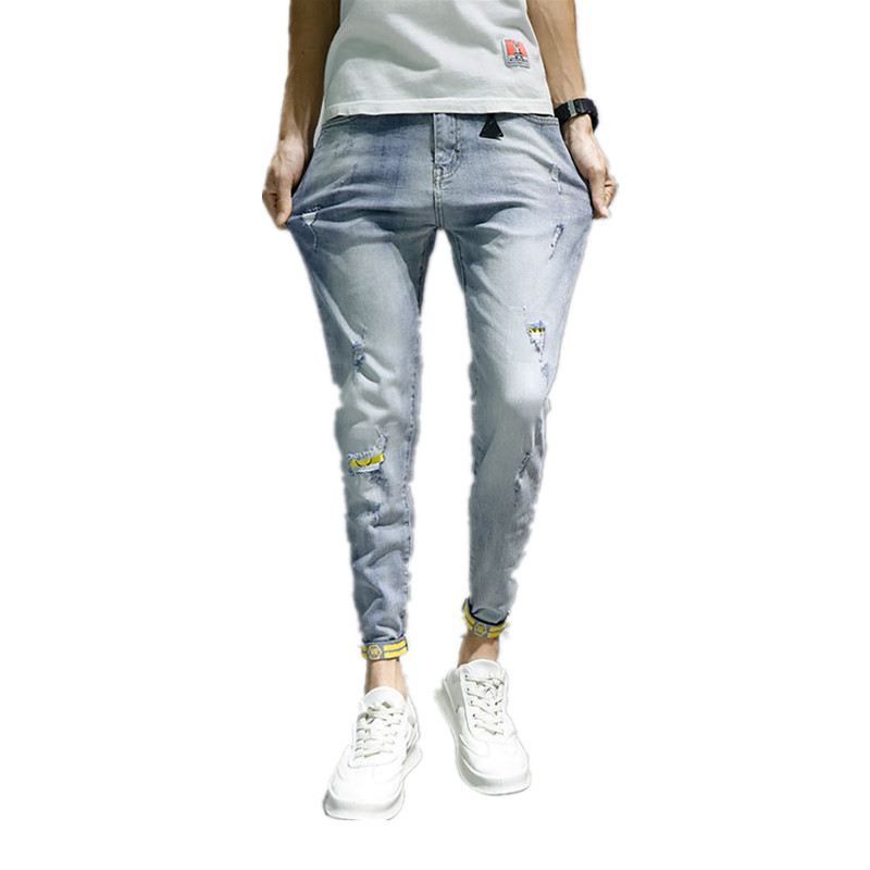 Jeans Til Mænd Trendy Mærke Forår Og Efterår Nye Slanke Uformelle Bukser Med Ni Punkter Herrebukser